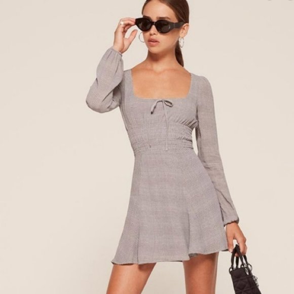 Reformation Dresses & Skirts - Reformation Wilder Dress Gray Plaid Square Neck Long Sleeve 6